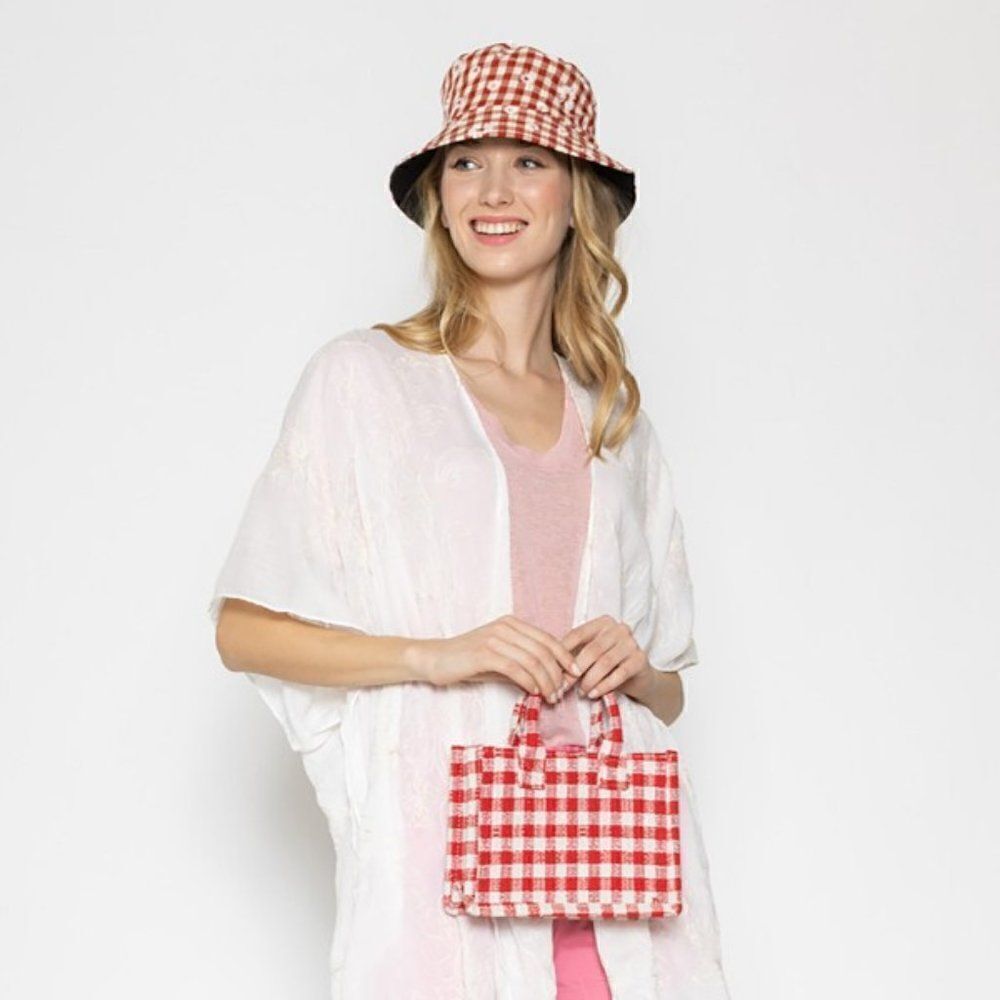 Red Gingham Satchel with Matching Strap and Hat Set